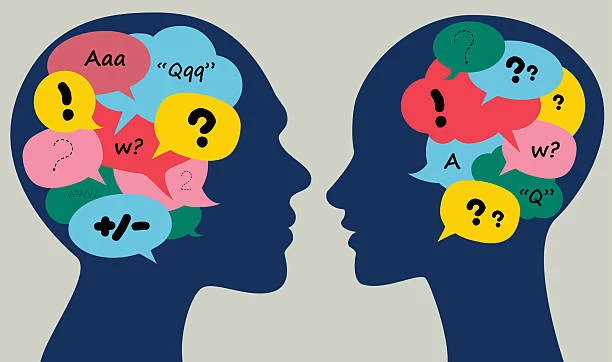 glosology Male And Female Heads With Thought Bubbles. Communication, dialogue concept. Vector.